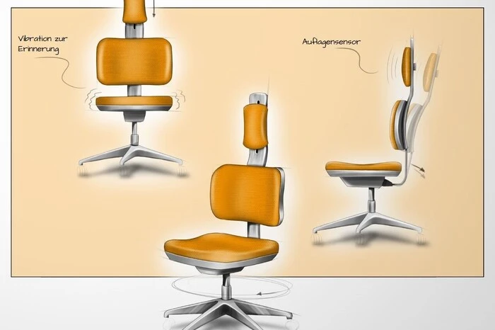 Sie sacken bei der Arbeit zusammen wie ein Sitzsack? Dominic Walsers Sessel ist ergonomisch geformt und verfügt über eine individuell einstellbare Alarmfunktion. Per Vibration werden „Lümmler“ daran erinnert, wieder eine rückenschonende Haltung einzunehmen.
