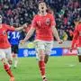 LINZ,AUSTRIA,24.MAR.27 - SOCCER - European Qualifiers 2024, OEFB international match, Austria vs Estland. Image shows the rejoicing of Florian Kainz, Michael Gregoritsch and Philipp Mwene (AUT).
Photo: GEPA pictures/ Manuel Binder