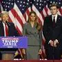 US-Wahlen 2024, Wahlparty der Republikaner in West Palm Beach Former First Lady Melania Trump and Barron Trump listen as former United States President Donald Trump delivers a speech from the Palm Beach Convention Center at the Trump Campaign Election Night Watch Party in West Palm Beach, Florida on Wednesday, November 6, 2024. Some news outlets have called the race in favor of the former president and others have not yet made a decision. PUBLICATIONxINxGERxSUIxAUTxHUNxONLY FLP20241105126 JOExMARINO