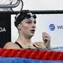 FILE - Summer McIntosh of Canada reacts after competing in the Women's 200m Butterfly Heats on day three of the World Short Course Swimming Championships in Budapest, Hungary, Thursday, Dec. 12, 2024. (AP Photo/Denes Erdos, file)