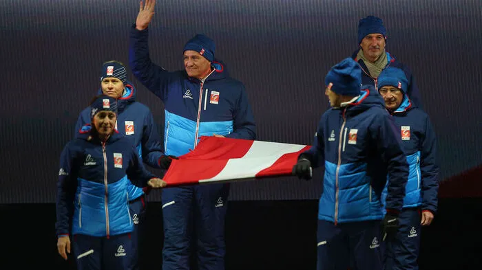 Alois Stadlober, Maria Theurl, Ernst Vettori, Eva Ganster, Klaus Sulzenbacher und Guenther Csar bei der Eröffnungsfeier in Seefeld