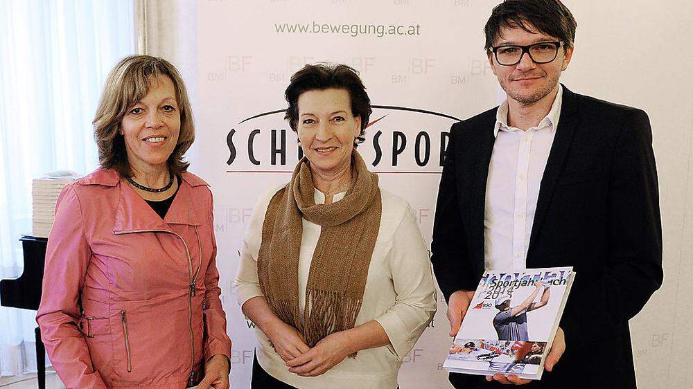 Von links: Maria Lopinsky, Sportkoordinatorin der Europaschule, Gabriele Heinisch-Hosek und Danilo Katz bei der Verleihung