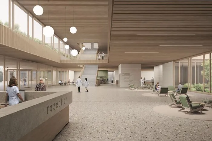 Siegerpojekt von innen mit zweigeschossiger Eingangshalle, über die alle wesentliche Bereiche erschlossen sind, sowie einer Rezeption als zentrale Anlaufstelle.Von Franz und Sue ZT GmbH und Architekten Maurer &amp; Partner ZT