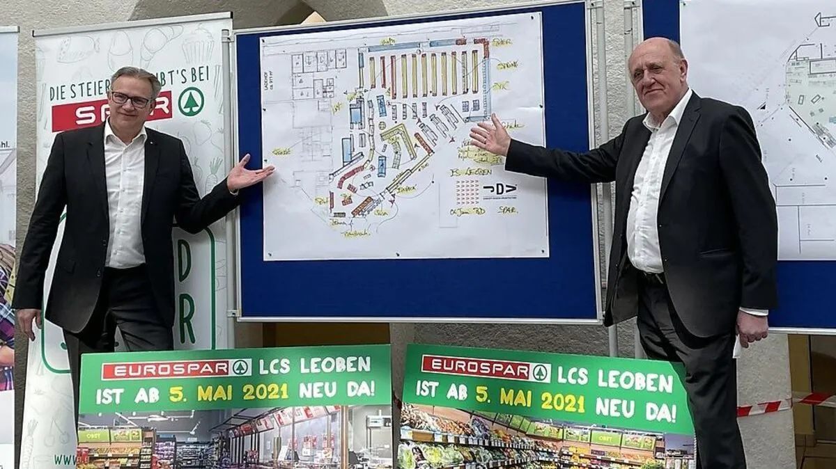 Christoph Holzer (Geschäftsführer Spar-Steiermark) und LCS-Eigentümer Jean Erich Treu bei der Projektvorstellung des neuen Eurospar-Marktes