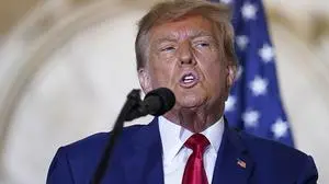 FILE - Former President Donald Trump speaks at his Mar-a-Lago estate Tuesday, April 4, 2023, in Palm Beach, Fla. (AP Photo/Evan Vucci, File)