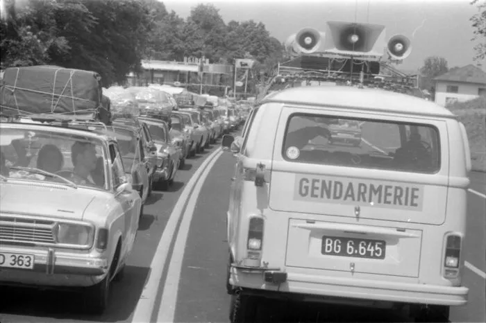 Grenzübergang Spielfeld, 1975,Kolonnen von Gastarbeitern