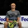 Germany's Alexander Zverev takes a break between games against Austria's Dominic Thiem during the men's singles semi-final match on day seven of the ATP World Tour Finals tennis tournament at the O2 Arena in London on November 16, 2019. (Photo by Daniel LEAL-OLIVAS / AFP)