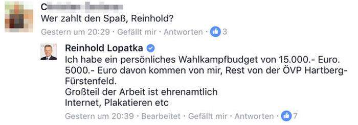 Das Posting auf Facebook mit Antwort von Reinhold Lopatka