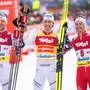 ABD0127_20240202 - SEEFELD - ÖSTERREICH: vlnr.: Joergen Graabak (NOR, 2. Platz), Jarl Magnus Riiber (NOR, 1. Platz) Johannes Lamparter (AUT, 3. Platz) am Freitag, 02. Februar 2024, nach dem Langlaufbewerb 7.5 km der Nordischen Kombination zum Weltcup Triple in Seefeld. - FOTO: APA/GEORG HOCHMUTH