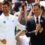 CORRECTION / Swiss tennis player Roger Federer (R) and Serbia's Novak Djokovic take part in the Centre Court Centenary Ceremony, on the seventh day of the 2022 Wimbledon Championships at The All England Tennis Club in Wimbledon, southwest London, on July 3, 2022. (Photo by Adrian DENNIS / AFP) / RESTRICTED TO EDITORIAL USE / The erroneous mention[s] appearing in the metadata of this photo by Adrian DENNIS has been modified in AFP systems in the following manner: [Swiss tennis player Roger Federer] instead of [Swiss former tennis player Roger Federer]. Please immediately remove the erroneous mention[s] from all your online services and delete it (them) from your servers. If you have been authorized by AFP to distribute it (them) to third parties, please ensure that the same actions are carried out by them. Failure to promptly comply with these instructions will entail liability on your part for any continued or post notification usage. Therefore we thank you very much for all your attention and prompt action. We are sorry for the inconvenience this notification may cause and remain at your disposal for any further information you may require.