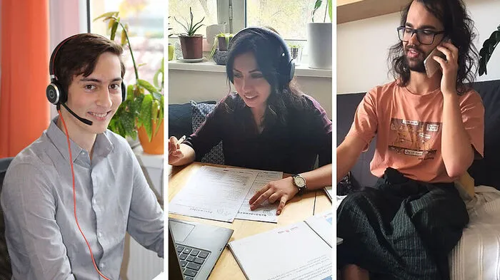 Felix Kraker, Ceren Sadic und Torben Folger sind drei der TIK-Trainer, die Senioren am Telefon bei technischen Fragen helfen 