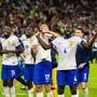 Portugal v France, UEFA EURO, EM, Europameisterschaft,Fussball 2024, Hamburg, Germany Hamburg, Germany. 05th, July 2024. William Saliba 17 and Dayot Upamecano 4 of France seen in celebration after winning the UEFA Euro 2024 quarter final match between Portugal and France at Volksparkstadion in Hamburg. Hamburg Germany PUBLICATIONxNOTxINxDENxNORxFINxBEL Copyright: xGonzalesxPhoto/FrederikkexJensenx