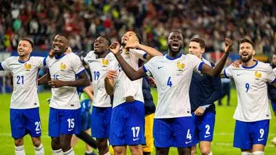Portugal v France, UEFA EURO, EM, Europameisterschaft,Fussball 2024, Hamburg, Germany Hamburg, Germany. 05th, July 2024. William Saliba 17 and Dayot Upamecano 4 of France seen in celebration after winning the UEFA Euro 2024 quarter final match between Portugal and France at Volksparkstadion in Hamburg. Hamburg Germany PUBLICATIONxNOTxINxDENxNORxFINxBEL Copyright: xGonzalesxPhoto/FrederikkexJensenx