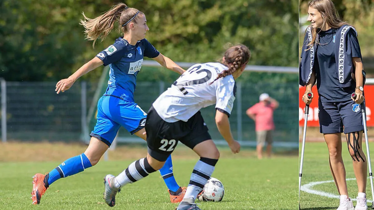 Katharina Naschenweng (ganz links) spielt für die 2. Mannschaft bei TSG Hoffenheim. Die Krücken (rechts) sind derzeit ihr ständiger Begleiter