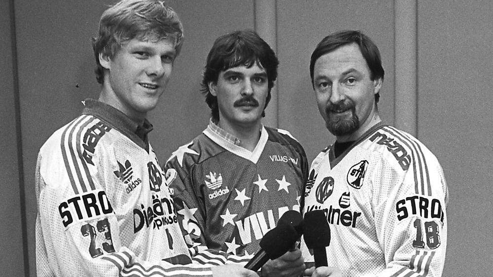Tono Hönigmann, Gustav Rainer und Willy Haslitzer in den Anfangsjahren des Kärntner Eishockeymagazins