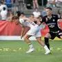 KREMS,AUSTRIA,27.JUL.24 - SOCCER - UNIQA OEFB Cup, Kremser SC vs SK Sturm Graz. Image shows Thomas Gurmann (Krems) and Dimitri Dominique R. Lavalee (Sturm).
Photo: GEPA pictures/ Walter Luger