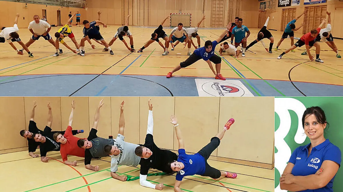 Die Handballer des SC Kelag Ferlach tanzen im Athletikbereich nach der Pfeife von Katrin Röttig (rechts) – da darf auch Mobilisationstraining nicht fehlen.