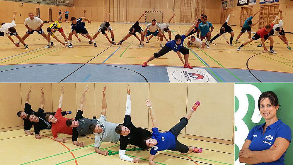 Die Handballer des SC Kelag Ferlach tanzen im Athletikbereich nach der Pfeife von Katrin Röttig (rechts) – da darf auch Mobilisationstraining nicht fehlen.