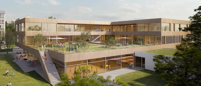 Rendering des Siegerentwurfs: Die Volksschule soll einen Dachgarten über dem Turnsaal bekommen