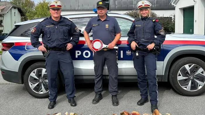 Drei Polizisten und viele Pilze vor ihnen am Boden