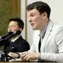 (FILES) In this file photo taken on February 29, 2016, and released by North Korea's official Korean Central News Agency (KCNA) on March 1, 2016 shows US student Otto Frederick Warmbier (R), who was arrested for committing hostile acts against North Korea, speaking at a press conference in Pyongyang. - Donald Trump's remarks February 28, 2019 about taking Kim Jong Un's word that he knew nothing of the torture of an American college student while in North Korean custody has sparked a bipartisan backlash back home. The US president appeared to side with the reclusive leader about the 2017 case of Otto Warmbier, who a US judge concluded was tortured by North Korean authorities. Warmbier was released in a coma and died shortly afterwards."He knew the case very well, but he knew it later," Trump said of Kim at the conclusion of their Hanoi nuclear summit, adding that "some really bad things" happened to Warmbier while he was detained. Kim "tells me that he didn't know about it, and I will take him at his word." (Photo by KCNA VIA KNS / KCNA / AFP)