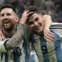 Argentina's Lionel Messi, left, and Argentina's Julian Alvarez celebrate after scoring during the World Cup semifinal soccer match between Argentina and Croatia at the Lusail Stadium in Lusail, Qatar, Tuesday, Dec. 13, 2022. (AP Photo/Martin Meissner)