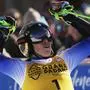 Italy's Federica Brignone reacts after winning an alpine ski, women's World Cup giant slalom in Are, Sweden, Saturday, March 8, 2025. (AP Photo/Giovanni Auletta)