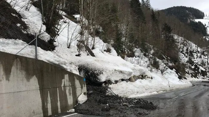 Durch starke Schneeschmelze und der kleinräumigen Verklausung eines Baches löste sich auf die Dientner Landesstraße die Mure.  
