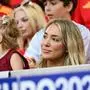The wife of Spain's forward #07 Alvaro Morata, Alice Campello, attends the UEFA Euro 2024 Group B football match between Albania and Spain at the Duesseldorf Arena in Duesseldorf on June 24, 2024. (Photo by Alberto PIZZOLI / AFP)