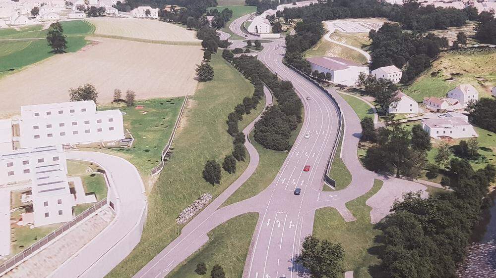 Der Kreisverkehr unter dem Schirmitzbühel (im oberen Bereich der Animation) bildet das Herzstück der neuen Straßenführung. Pro Richtung steht ein Fahrstreifen zur Verfügung