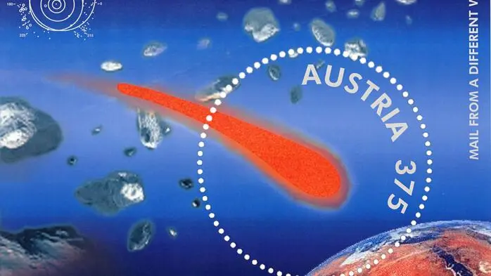 Weltneuheiten sind eine Marke der Österreichischen Post. Im Bild die  erste Briefmarke mit Meteoritenstaub aus dem Jahr 2006