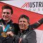 Super-G-Olympiasieger Matthias Mayer und ÖSV-Präsident Peter Schröcksnadel jubeln über die Alpin-Erfolge