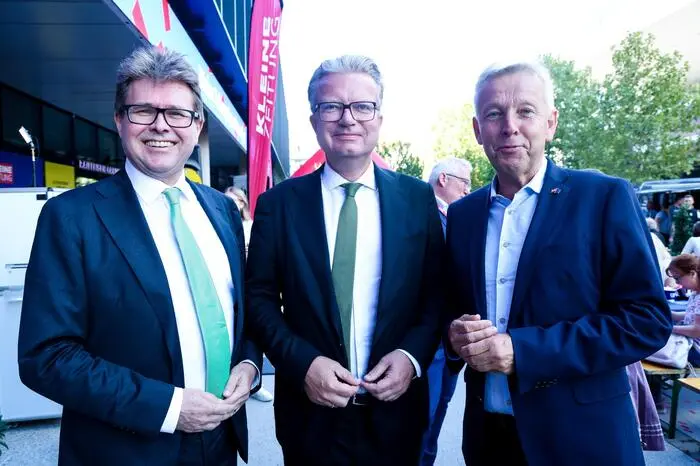 Martin Polaschek, Landeshauptmann Christopher Drexler und EU-Parlamentarier Reinhold Lopatka