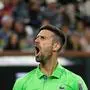INDIAN WELLS, CALIFORNIA - MARCH 11: Novak Djokovic of Serbia celebrates a point against Luca Nardi of Italy in their third round match during the BNP Paribas Open at Indian Wells Tennis Garden on March 11, 2024 in Indian Wells, California.   Clive Brunskill/Getty Images/AFP (Photo by CLIVE BRUNSKILL / GETTY IMAGES NORTH AMERICA / Getty Images via AFP)