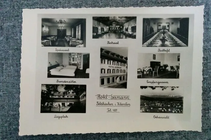Eine Postkarte aus den 1950er Jahren mit Ansichten des Hotels. Es wurde 1950 von Karl Germann sen. errichtet.