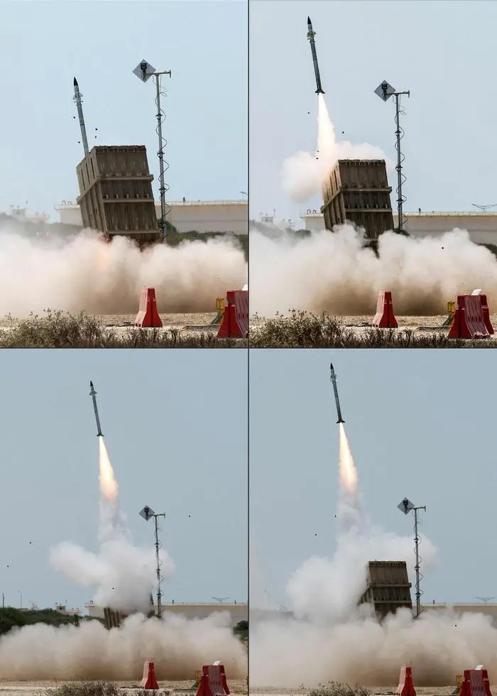 (COMBO) This combination of pictures shows an Israeli Iron Dome air defence system launching a missile to intercept rockets fired from the Gaza Strip, on the outskirts of the southern Israeli city of Ashkelon, on August 7, 2022, amid heightened tensions between Israel and Palestinian militants in the Gaza Strip. - Air raid sirens sounded in the Jerusalem area today, the Israeli army said, as militants in the Gaza Strip continued to trade fire with Israel for a third day. (Photo by JACK GUEZ / AFP)