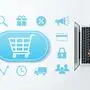Online shop and e-commerce concept. Top view of using laptop. Many blue e-commerce icons. 
