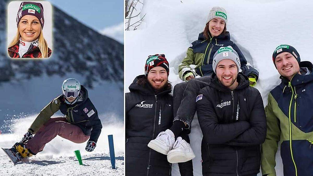 Das Kärntner Snowboard- Quintett ist bereit für den Weltcup-Auftakt: Sabine Schöffmann (links), Aron Juritz, Fabian Obmann, Alex Payer und Daniela Ulbing.