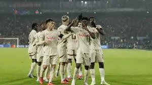 ROTTERDAM - l-r Nicolas Capaldo of FC RB Salzburg, Karim Konate of FC RB Salzburg, Lucas Gourna-Douath of FC RB Salzburg celebrate the 0-1 during the UEFA Champions League match between Feyenoord Rotterdam and FC RB Salzburg at Feyenoord Stadion de Kuip on Nov. 6, 2024 in Rotterdam, Netherlands. ANP Hollandse Hoogte BART STOUTJESDIJK UEFA Champions League 2024/25 League Phase MD4 2024/25 xVIxANPxSportx/xBartxStoutjesdijkxIVx 512849105 originalFilename: 512849105.jpg