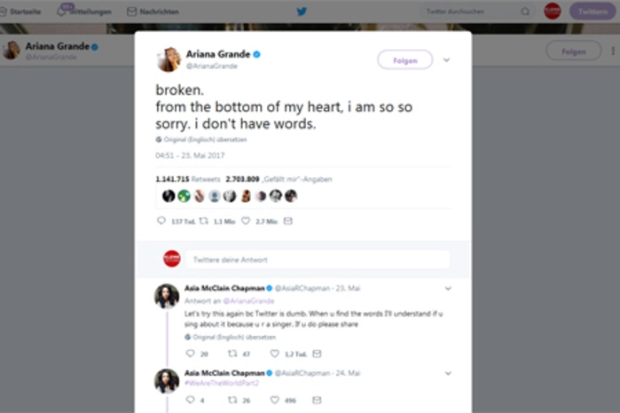 Ein trauriger Rekord: US-Sängerin Ariana Grande hat sich nach der verheerenden Explosion am Rande ihres Konzerts in Manchester "am Boden zerstört" gezeigt. "Aus tiefstem Herzen: Es tut mir so leid. Mir fehlen die Worte", schrieb die 23-Jährige im Mai 2017 auf Twitter. Über zwei Millionen drückten ihr "Like" aus.