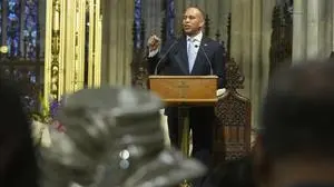 U.S. Rep. Hakeem Jeffries speaks during the funeral for former Rep. Charles Rangel, D-N.Y., at New York's St.Patrick's Cathedral, Friday, June 13, 2025. (AP Photo/Richard Drew)