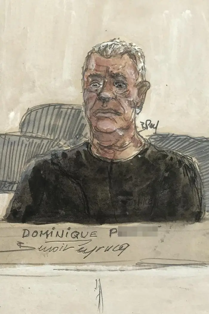 (FILES) This court sketch made on September 2, 2024 shows defendant Dominique Pelicot (R) during his trial in which he is accused of drugging his wife for nearly ten years and inviting strangers to rape her at their home in Mazan, a small town in the south of France, at the courthousein Avignon. The case involves 50 co-defendants. The defendants, 18 of whom are on remand, are men aged between 21 and 68 at the time of the events. (Photo by Benoit PEYRUCQ / AFP)