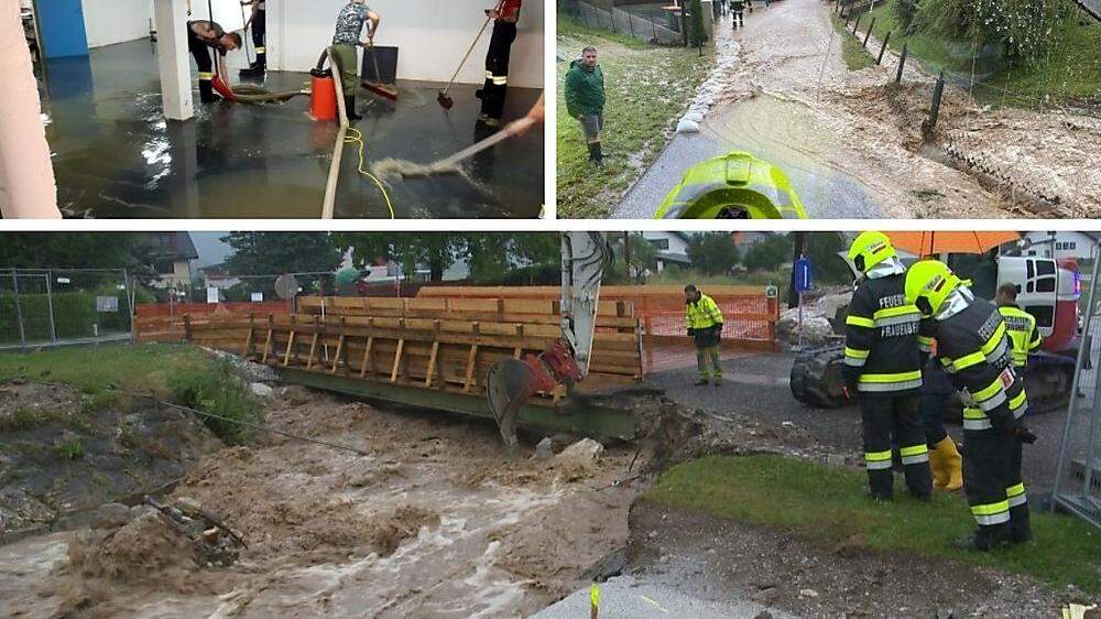 Oben: Überflutungen in der Weststeiermark Unten: In Ardning wurde fieberhaft daran gearbeitet, Brücken abzusichern