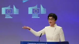 European Commissioner for Enlargement Marta Kos addresses a media conference at EU headquarters in Brussels, Tuesday, Nov. 4, 2025. (AP Photo/Virginia Mayo)