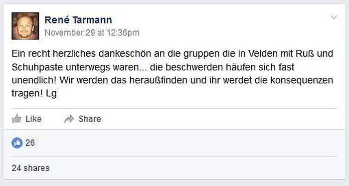 Auch auf Facebook äußerte sich Tarmann zu dem Vorfall