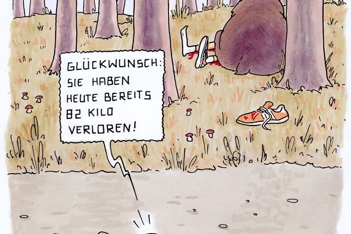 Der Cartoon "Glückwunsch" gibt der Ausstellung im Kunsthaus Köflach den Titel. Es gibt davon sogar zwei Versionen, eine mit 79 und eine mit 82 Kilogramm. Denn sogar über Zahlen und ihre Wirkung macht sich Ottitsch in seinen Werken Gedanken.
