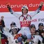 Norway's Alexander Steen Olsen, centre, winner of an alpine ski, men's World Cup giant slalom, is carried shoulders high by second placed Norway's Henrik Kristoffersen, left, and third placed Norway's Atle Lie McGrath, in Soelden, Austria, Sunday, Oct. 27, 2024. (AP Photo/Marco Trovati)