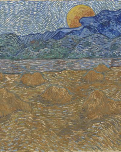 Landschaft mit Garben und aufgehendem Mond. Unverkennbar: Van Gogh