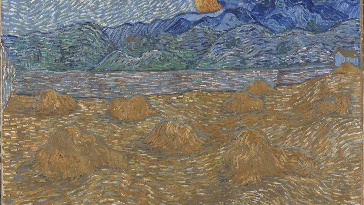 Landschaft mit Garben und aufgehendem Mond. Unverkennbar: Van Gogh