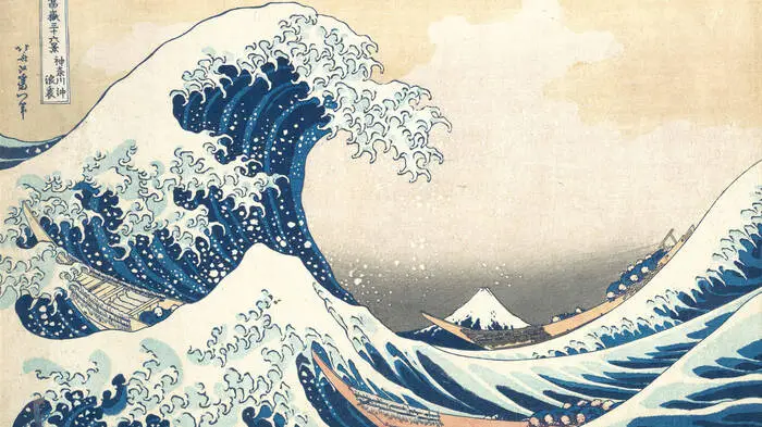 Legendärer Farbholzschnitt: „Unter der Welle im Meer vor Kanagawa“ (1830-1832) von Katsushika Hokusai